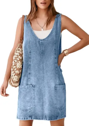 BerryGo Women's Denim V Neck Sleeveless Overall Dress Casual Mini Pinafore Dress Short Jumper Jeans Dress with Pocket