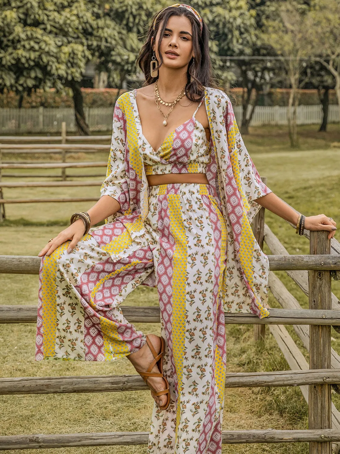 Boho Outfit Set Women's Sexy Crop Top Kimono and Wide Leg Pants Fashion Three Piece Set