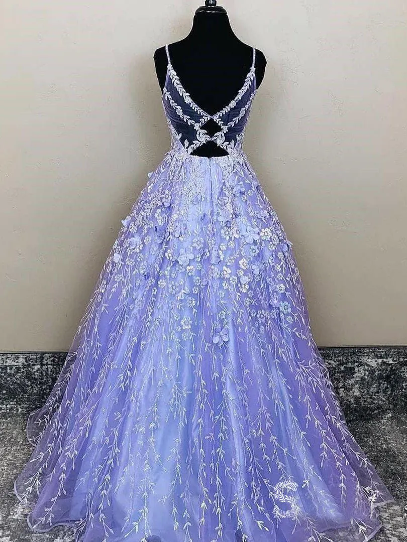 kamahe Lavender Spaghetti Straps Lace Floral A-line Formal Gowns Long Prom Dresses