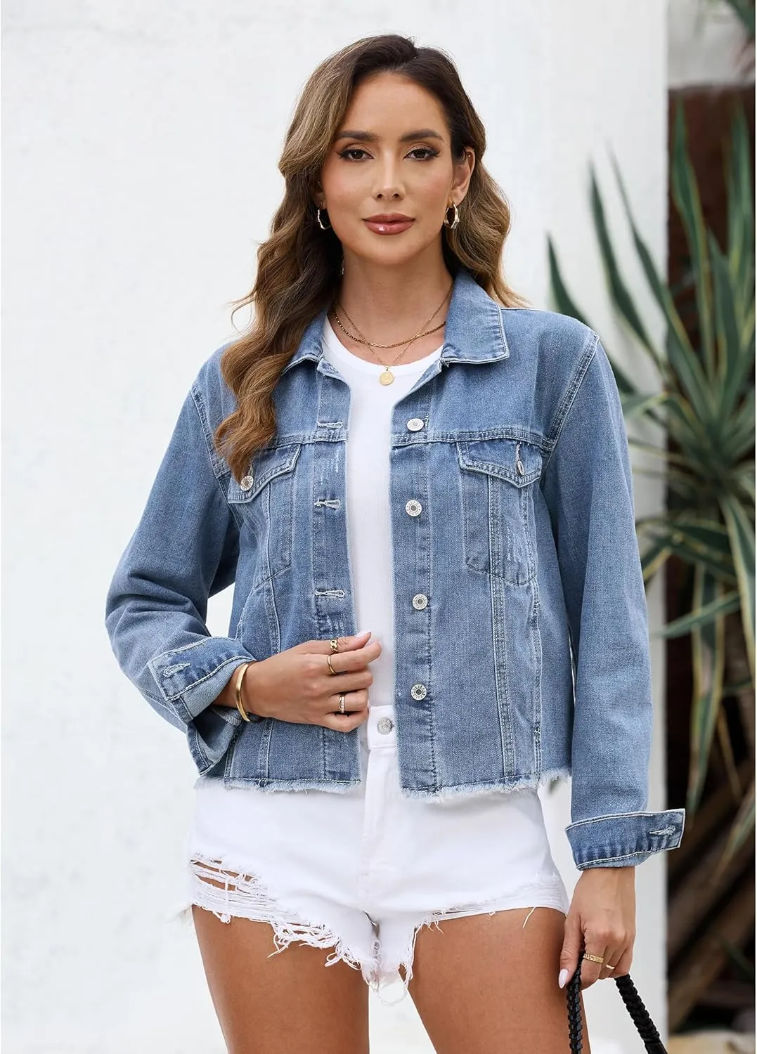 LookbookStore Jean Jackets for Women Trendy Button Down Denim Trucker Jackets Long Sleeves Frayed Hem Shacket Jacket