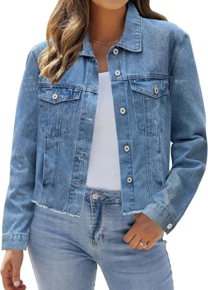 LookbookStore Jean Jackets for Women Trendy Button Down Denim Trucker Jackets Long Sleeves Frayed Hem Shacket Jacket
