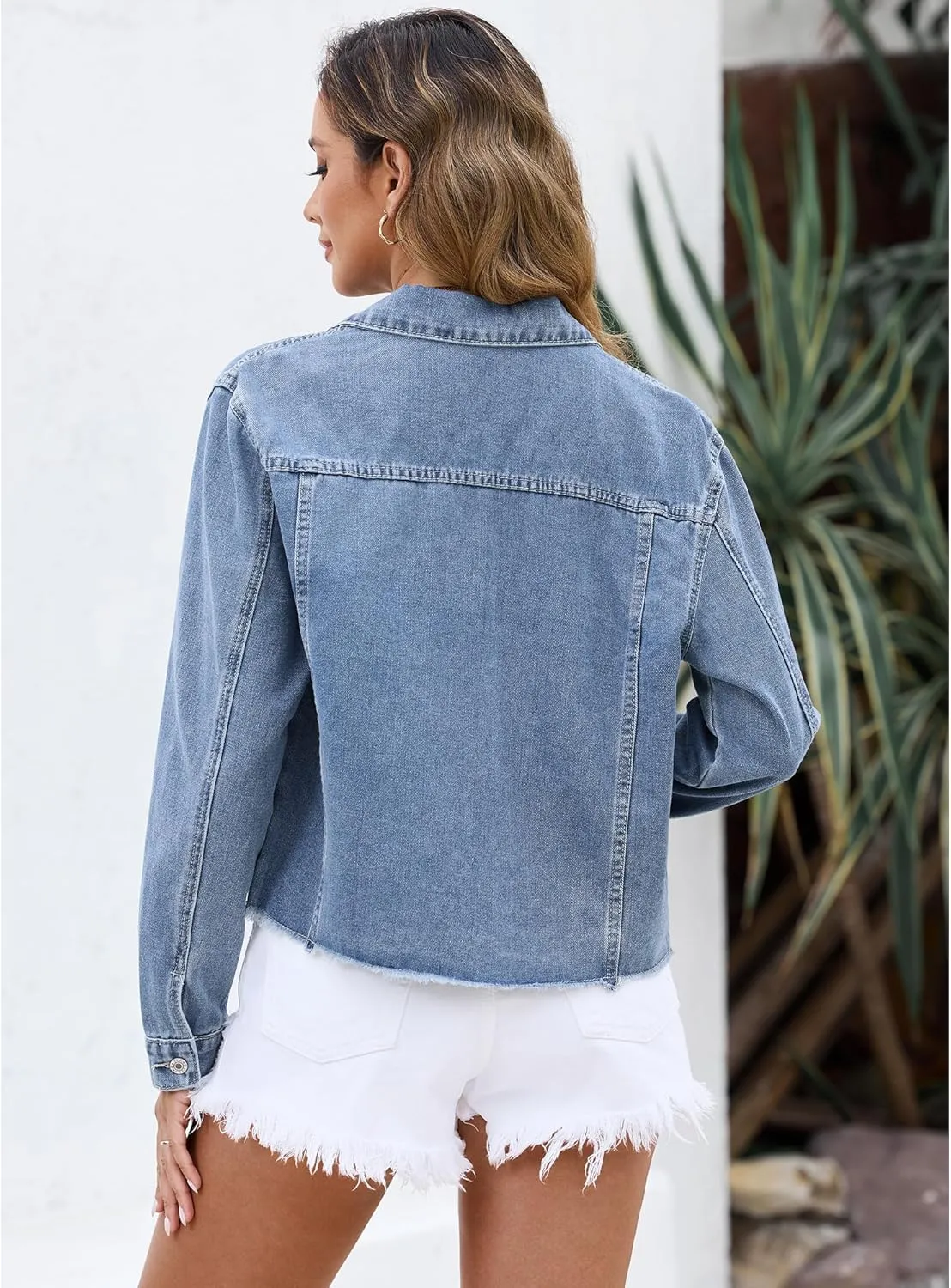 LookbookStore Jean Jackets for Women Trendy Button Down Denim Trucker Jackets Long Sleeves Frayed Hem Shacket Jacket