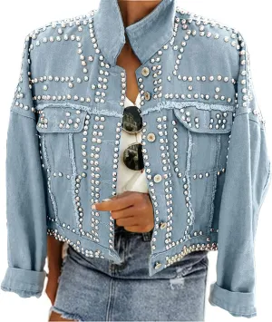 Omoone Women's Long Sleeve Rivet Studded Denim Jacket Casual Pearl Short Jean Coat Concert Nashville Outfits